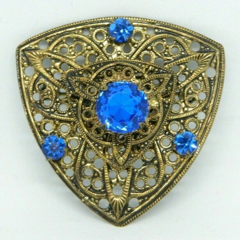 Blue Glass Rhinestone Gold Tone Filigree Shield